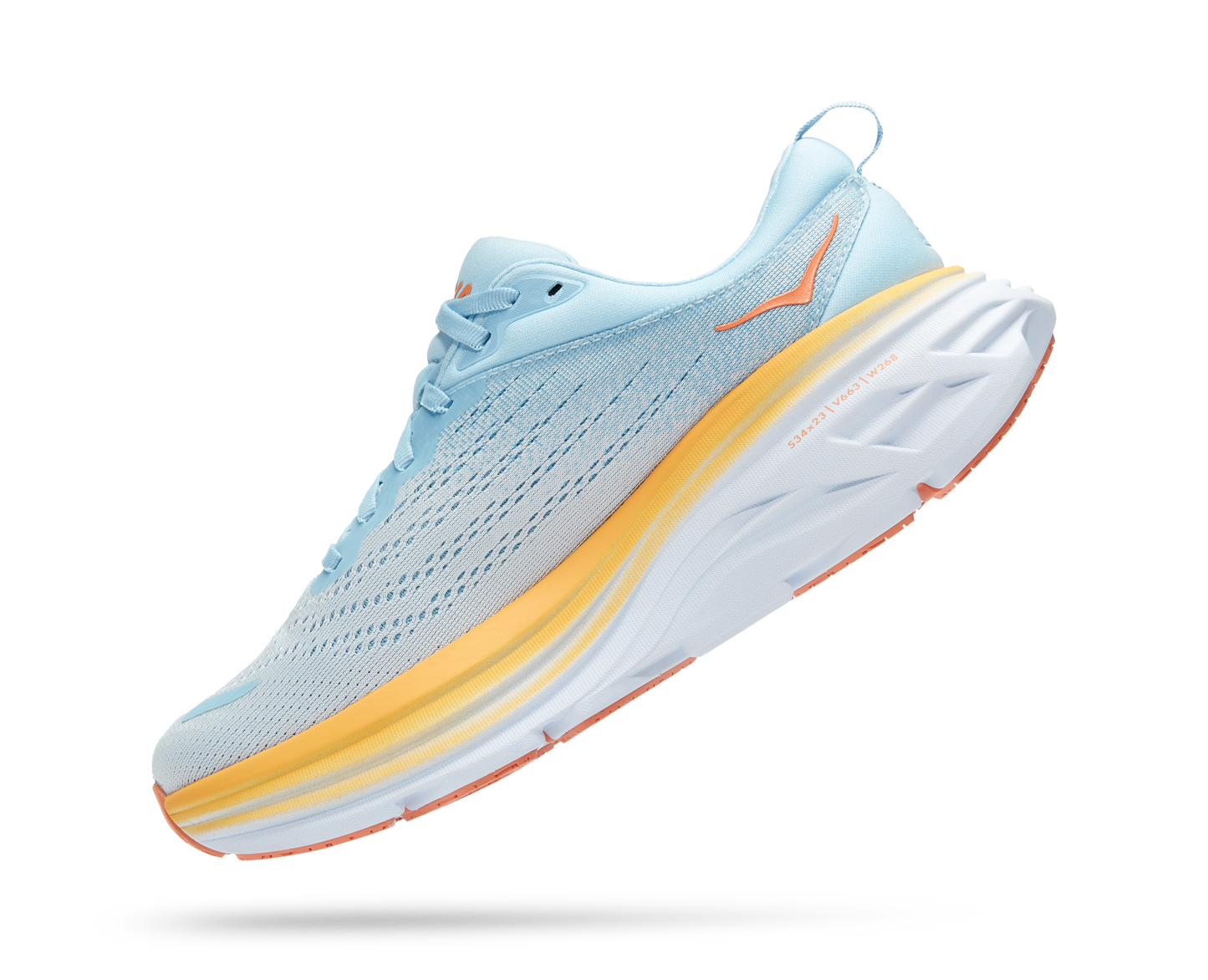 Hoka running shoe with light blue/grey fabrics and orange and white sole.