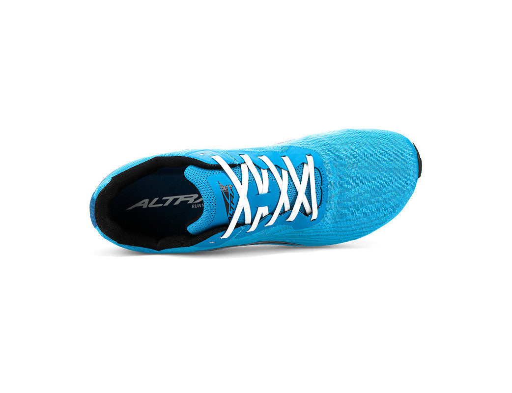Blue and white wide fitting running shoe from Altra