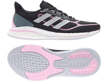 Black with pink and silver adidas running shoe for women