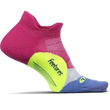 Feetures Elite Light Cushion running socks pink yellow and purple