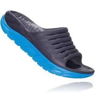 Black with blue sole 'slide' style sandal.