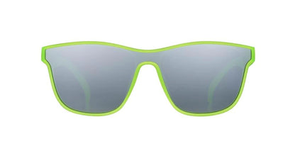 Goodr sunglasses VRGs checkerboard and fluorescent green frame with silver reflective lens 