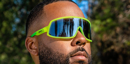 Goodr Wrap G sunglasses neon green,. green frame with silvery reflective lens