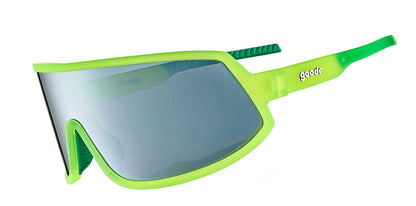Goodr Wrap G sunglasses neon green,. green frame with silvery reflective lens