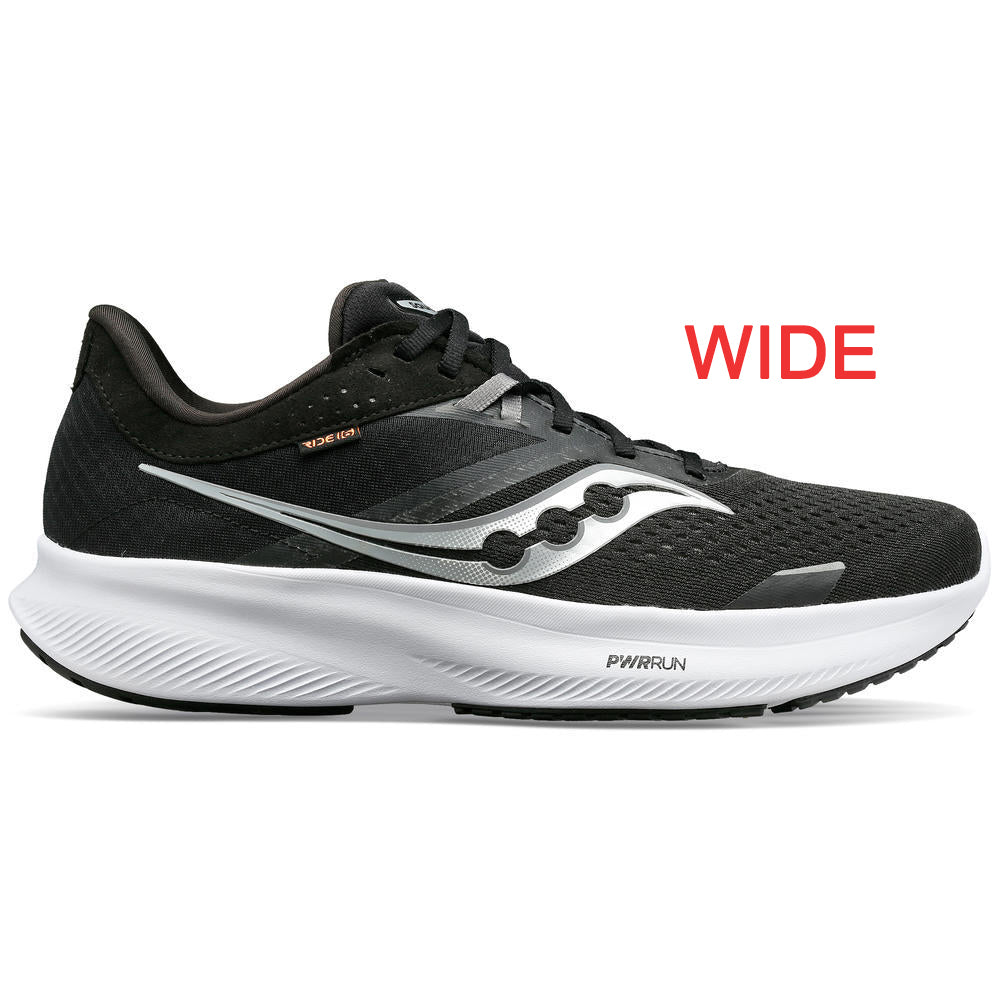 Saucony Ride 16 black and white wide stable neutral running shoe