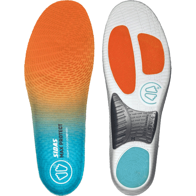 Top and bottom view of the Sidas Max Protect shock absorbing insoles, orange, blue, and grey