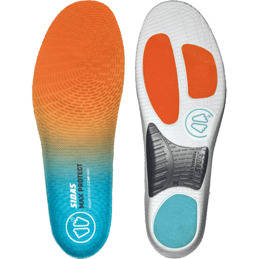 Top and bottom view of the Sidas Max Protect shock absorbing insoles, orange, blue, and grey