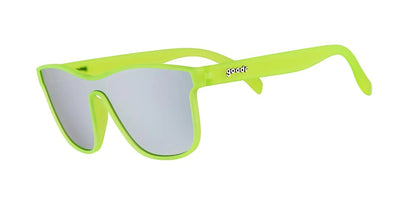 Goodr sunglasses VRGs checkerboard and fluorescent green frame with silver reflective lens 