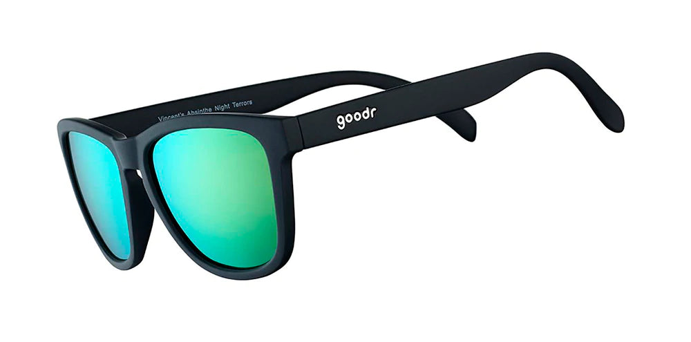 Goodr sunglasses black frame with green blue lens