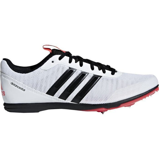 White with adidas 3 stripe logo in black. Distance running spike shoe.