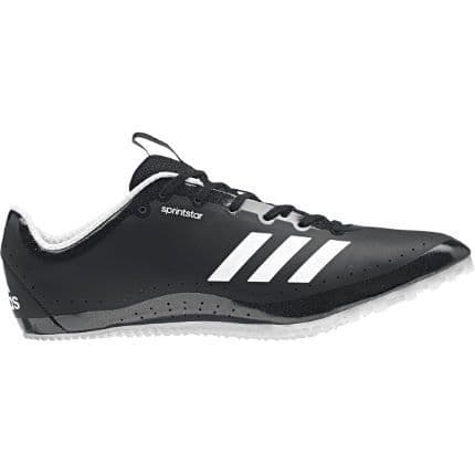 Black with white adidas 3 stripe logo. Sprint spike track shoe