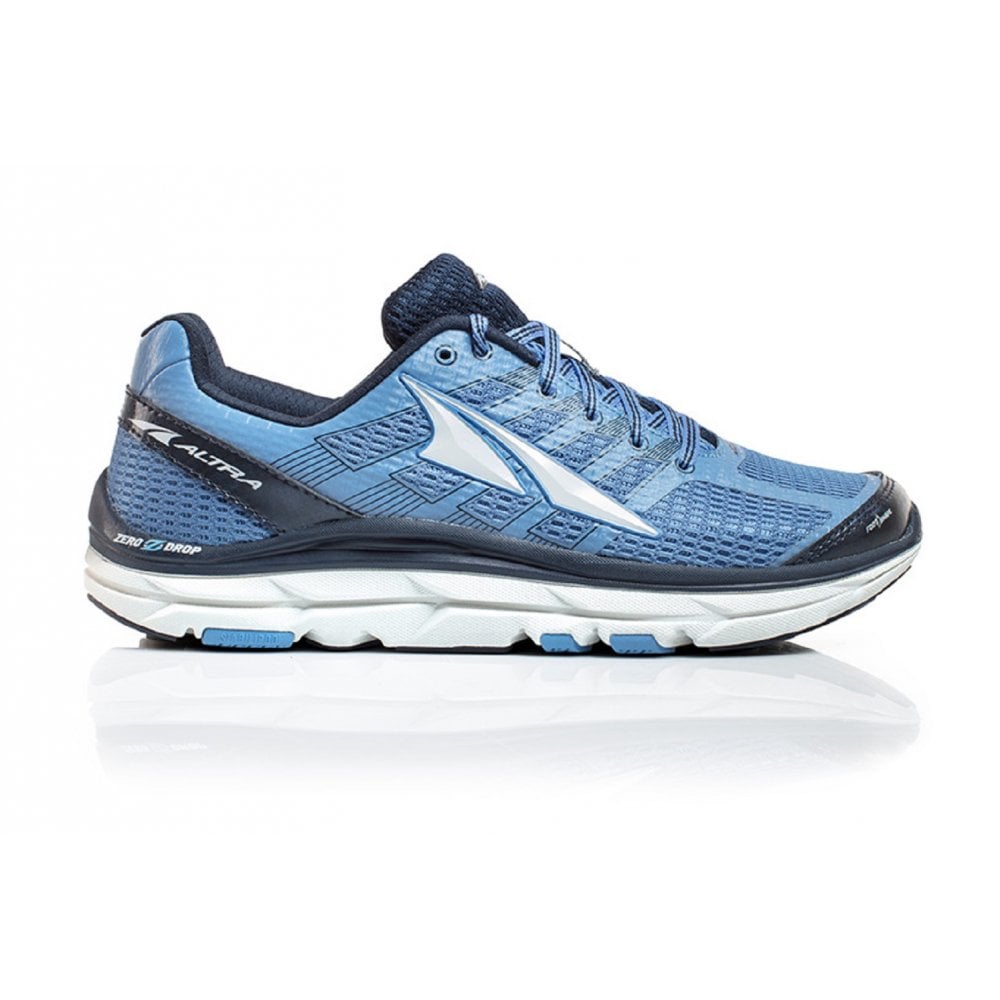 Blue and white wide fitting foot shaped running shoe for women.