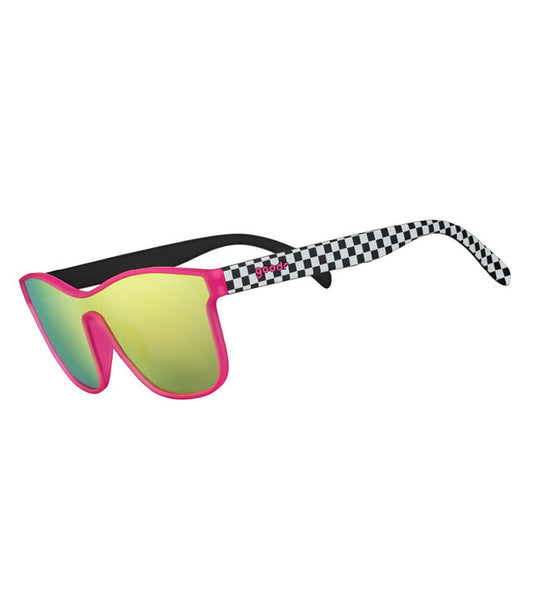 Goodr sunglasses VRGs checkerboard and pink frame with yellow green reflective lens 