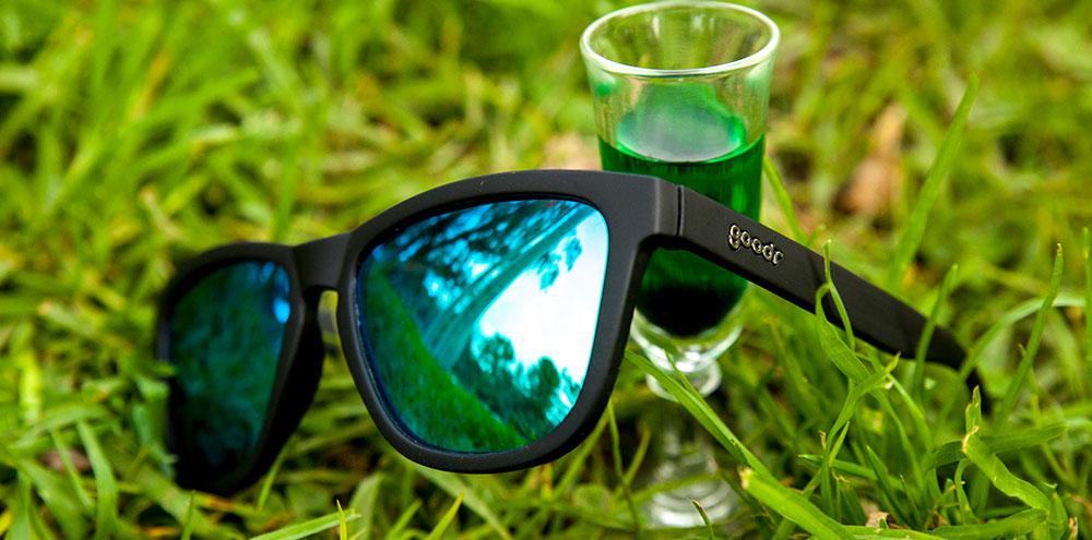 Goodr sunglasses black frame with green blue lens