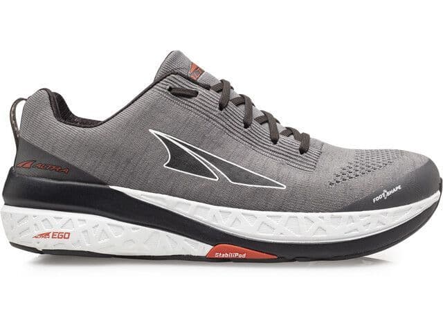 Light grey and white, wide foot shaped running shoe for men.