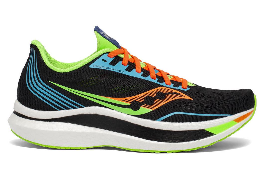 Saucony mens Endorphin Pro running shoes, carbon plated neutral running shoes, marathon half marathon racing shoes, black, orange, green